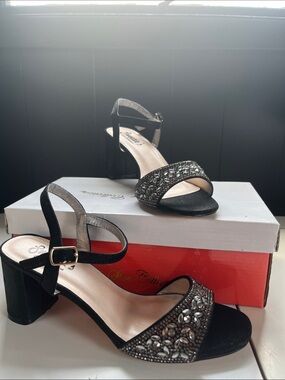 Elegant Black Embellished Block Heel Sandals